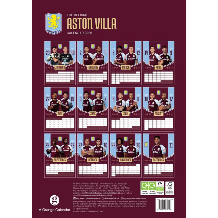 Aston Villa FC A3 2026 Calendar